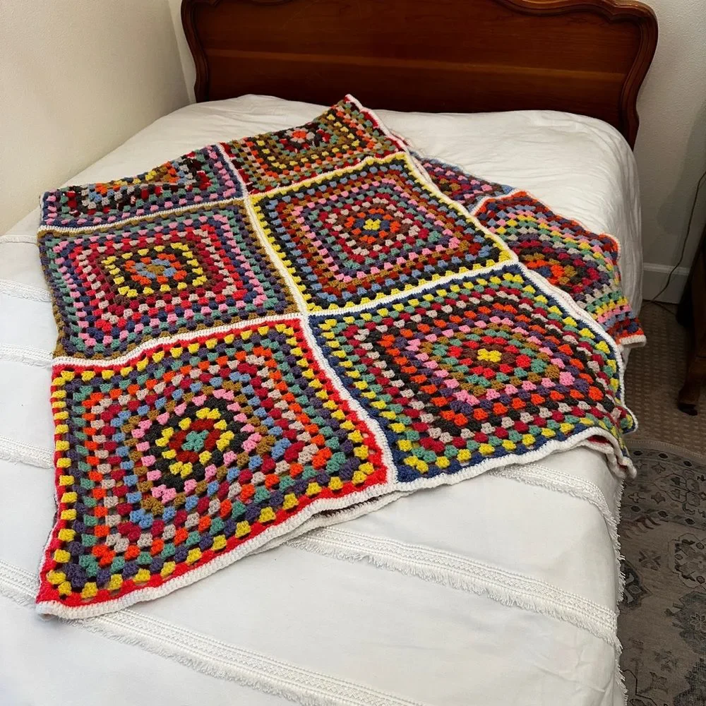 VTG Crochet Granny Square Blanket Handmade Afghan Boho Cottagecore Full Retro